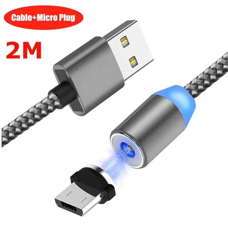 2M Grey Micro Cable Магнитный кабель Micro USB NiSi 1 м 2 м для Xiaomi samsung Galaxy Note6/5/4/3/J3/J5/J7/A3/A5/A7 LG светодиодный магнитный кабель для быстрой зарядки - Цвет: 2M Grey Micro Cable