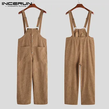 

INCERUN Men Corduroy Jumpsuits Solid Bib Pants Loose Streetwear 2020 Suspenders Button Pockets Casual Overalls Men Rompers S-5XL