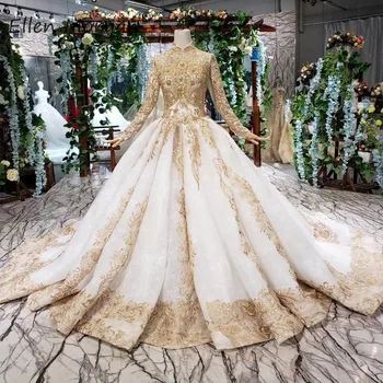 

Saudi Arabian Dubai Gold Wedding Dresses 2020 Lace Ball Gowns Luxury Long Sleeves High Neck Applique Lace up Bridal Gowns Women