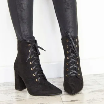 

Pointed Toe High Lace-Up Vintage Boots For Women Classics Fashion Square Heel Ankle Autumn Winter Boots Cross-tied Shallow