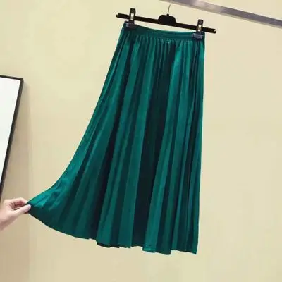dark green Осенняя замшевая плиссированная длинная юбка однотонная женская винтажная бархатная до середины икры трапециевидная длинная юбка розовая зеленая бордовая серая Saias Faldas - Цвет: dark green