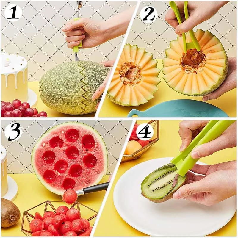Daoeny 5pcs Melon Baller Scoop Set 4 in 1 Stainless Steel Fruit Scooper Seed Remover Cutter Double Sided Melon Baller Spoon Avocado Cutter Watermelon