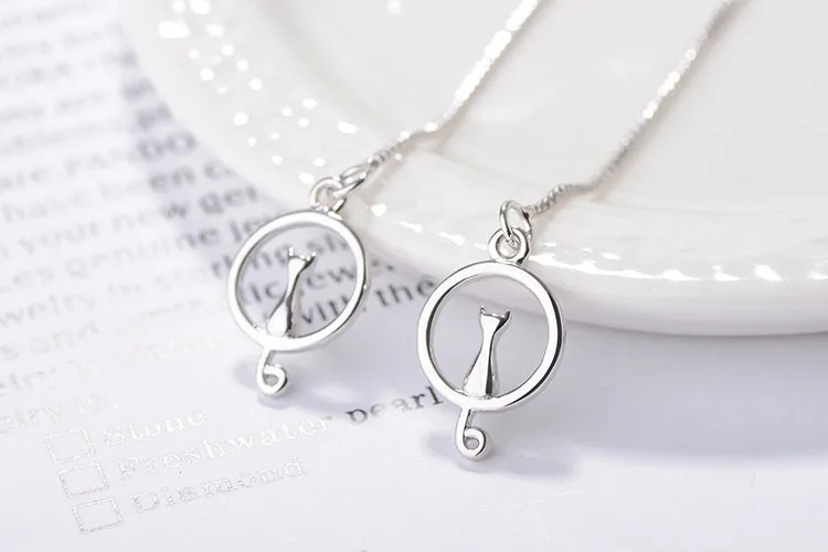Dangle Earrings 925 Sterling Silver Moon Cat Long Tassel Earrings for Women