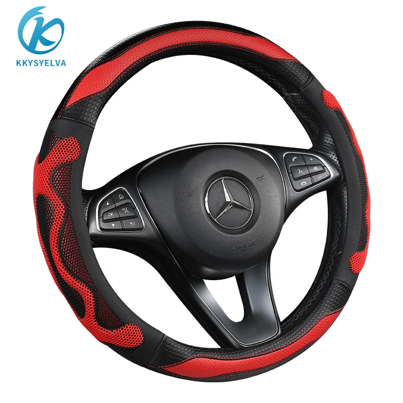 

KKYSYLVA 38CM Leather Car Steering Wheel Cover Four Seasons Steering Wheel Hubs for GOLF 7 2015 POLO JATTA Interior Accessories