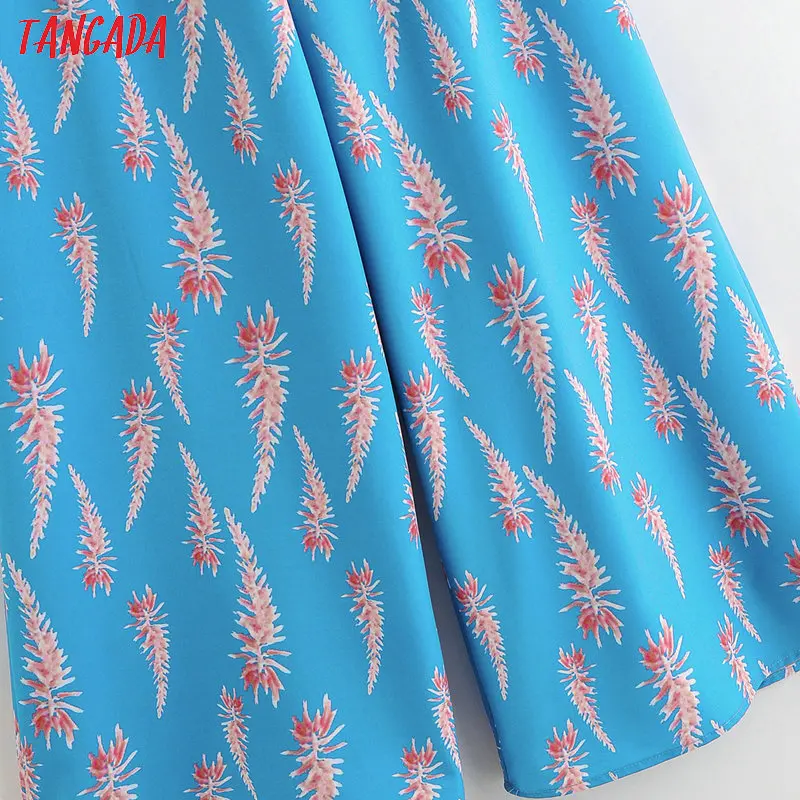 Tangada korea chic blue floral print suit women skirt set 2020 fashion new suit 2 piece set sweet top and pants 2F38
