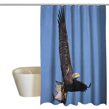 

Eagle Extra Long Shower Curtain Hunter Bird Carrying a Fish to The Nest in Open Blue Sky Predator Cycle of Life Mildew Fabric