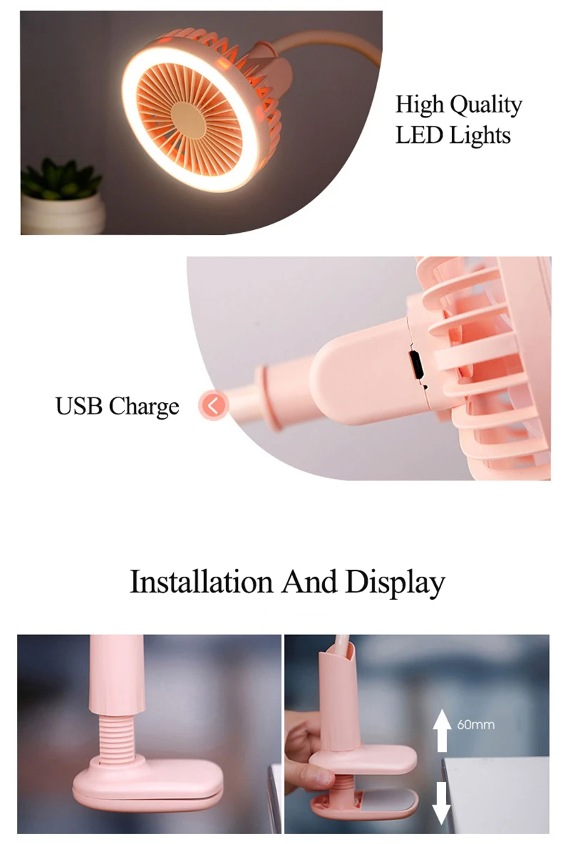 Стиль Регулируемый USB клип вентилятор с 1500mah перезаряжаемый аккумулятор Настольный вентилятор с ночной лампой
