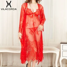 V образным вырезом Кружева Слинг прозрачный комплект из 3 предметов пижамы Тонкий с длинным рукавом лоскутное халаты обольщение комфорт сексуальный женский халат