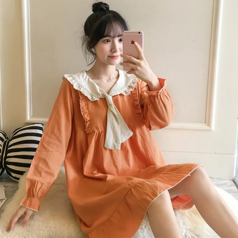 

Tatting Pure Cotton Nightgown Women's Spring And Autumn Long Sleeve Korean-style Students Cute Princess Style Pajamas-Outer Wear