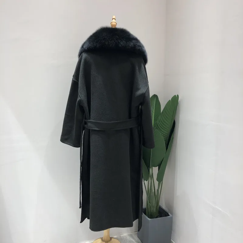 Женское кашемировое пальто с двойной стороной Woo Lnatural Fox пальто с меховым воротником модное зимнее длинное шерстяное пальто Верхняя одежда Пояс украшение