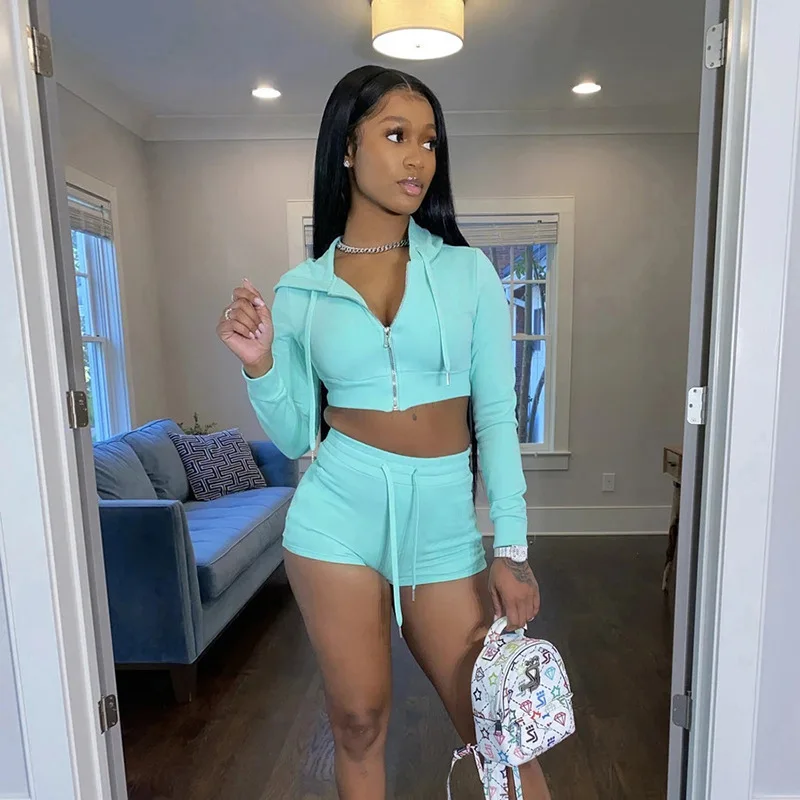 

Autumn and Winter Fashion Sexy Sweater Hooded Zipper Cardigan Shorts Set Women's Navel Sport Suit