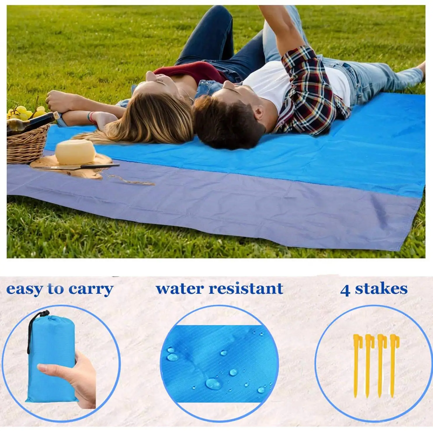 Одеяло для пикника на открытом воздухе, портативный коврик для кемпинга, водонепроницаемый Пляжный Карманный плед с 4 якорями, компактная сумка для хранения