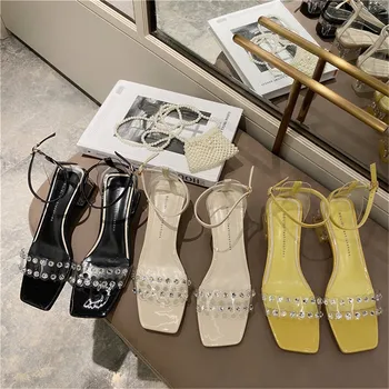 

Elegant Women Sandals Transparent Open Toe Sandals Ankle Buckle Strap Sandals 2020 New Summer Mid Heels Party Dress Shoes Woman
