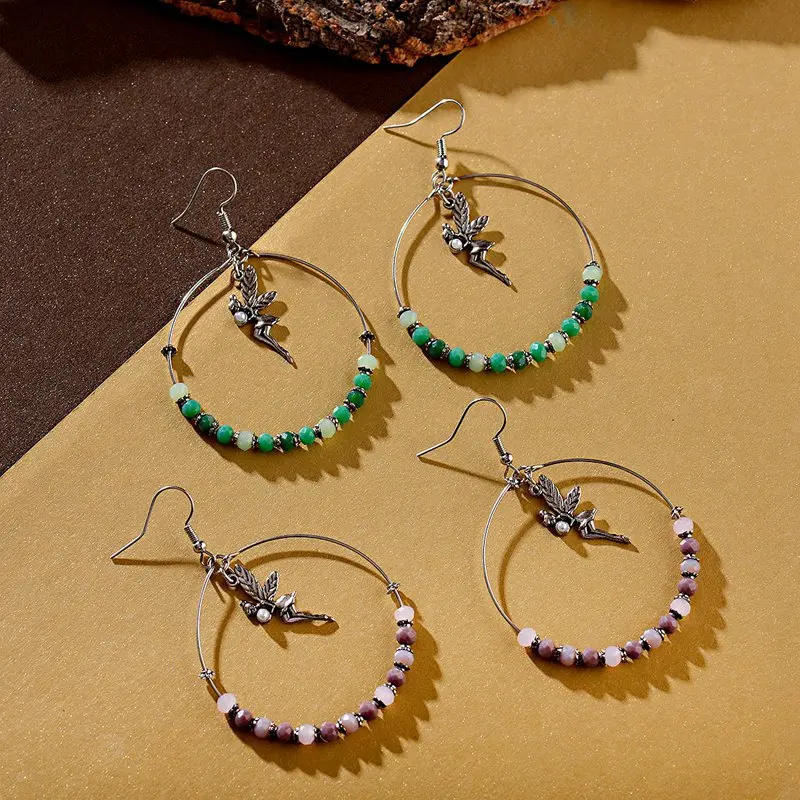 

TopHanqi Boho Style Ear Jewelry Sliver Cute Angel Crystal Stone Beads Big Round Circle Exaggerate Drop Dangle Earrings For Women