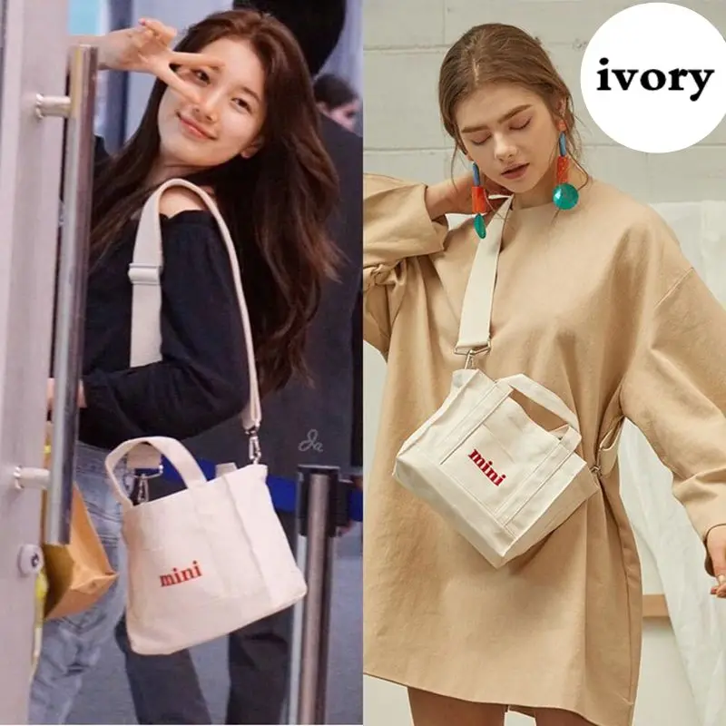 

Kpop Korean Star Same Style Suzy Bae Jeong So Min Embroidered Canvas Mini Portable Shoulder Messenger bag Women HandBags White