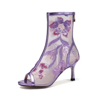 

Elegant Embroidered Mesh Sandal Boots 2020 Summer New Women's High Heel Fashion Purple Thin Heeled Peep-Toe Sandals Shoes LB0008