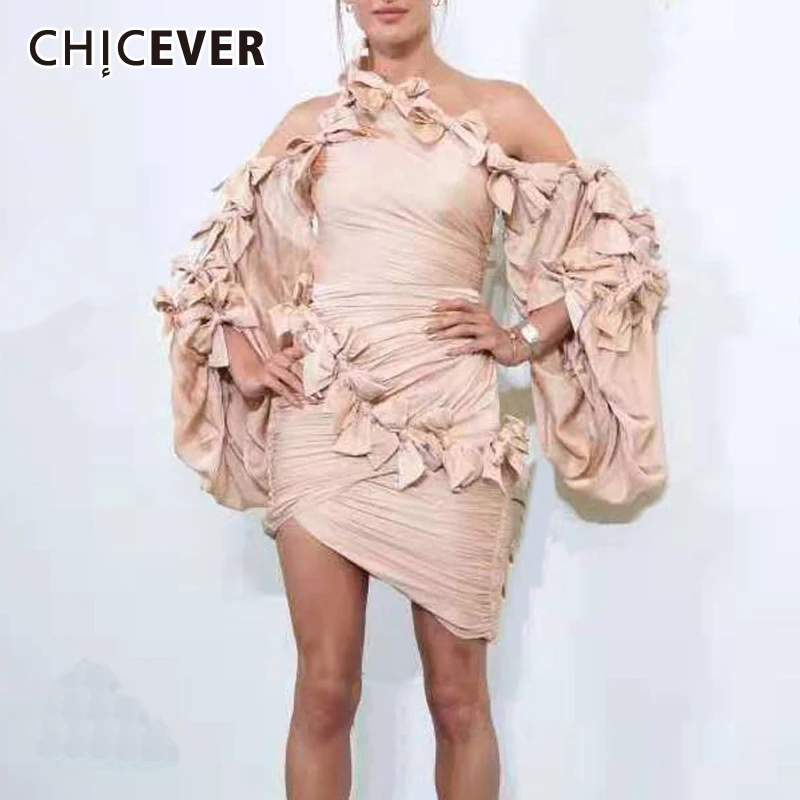 

CHICEVER Off Shoulder Asymmetric Neck Bow Patchwork Sexy Bodycon Mini Dress Women Lantern Sleeve Ladies 2019 Autumn New Arrival