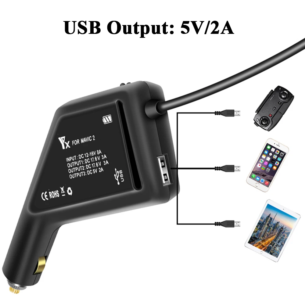 Chargeur Voiture DJI Mavic 2 3-en-1 USB Batterie + Télécommande