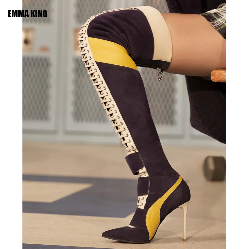 

Women Fashiom Over The Knee Boots Cross-tied Thin High Heels Shoes Point Toe Patchwork Canvas Long Boots For Women 2020