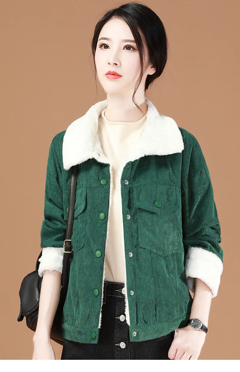 Женская зимняя теплая зеленая Вельветовая куртка с длинным рукавом и отложным воротником, однобортная Свободная Повседневная теплая верхняя одежда, женские куртки