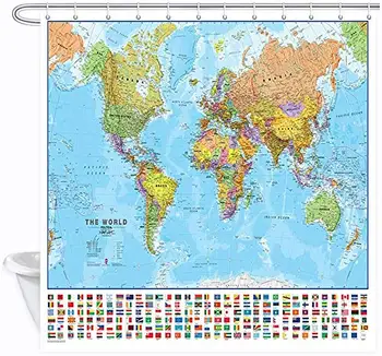 

World Map Shower Curtain, Educational Geography Countries Capital Cities with Flags of Various Countries Shower Curtain