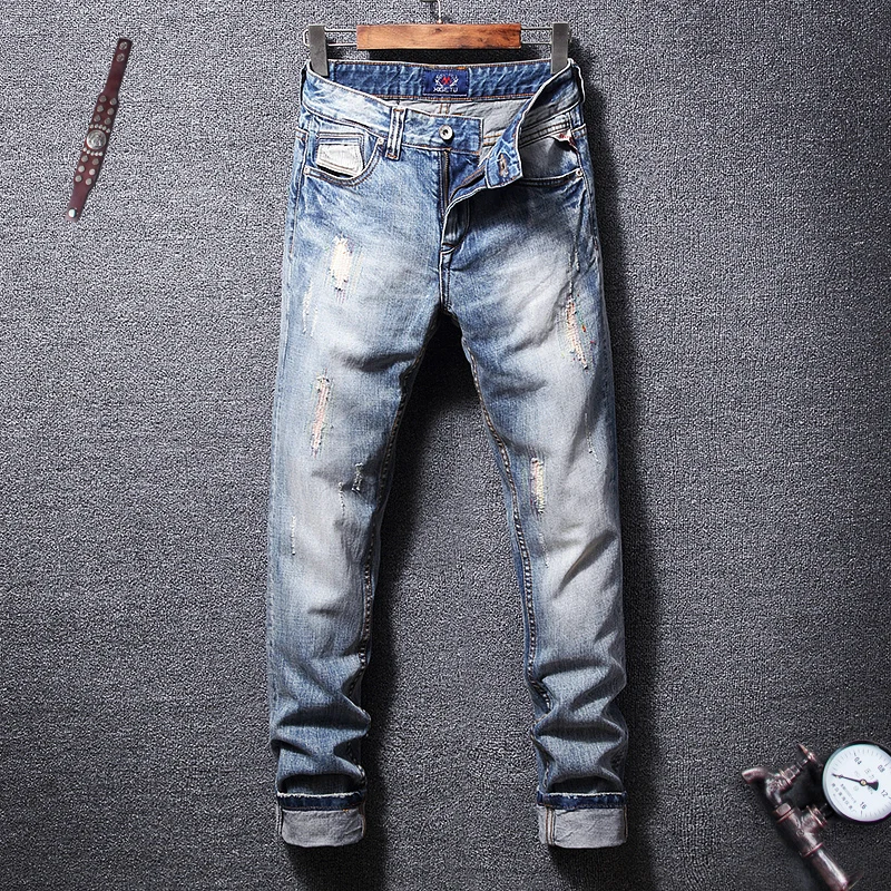 

Fashion Streetwear Men Jeans Slim Fit Light Blue Patchwork Ripped Jeans Men Denim Pants Vintage Designer Hip Hop Jeans Homme