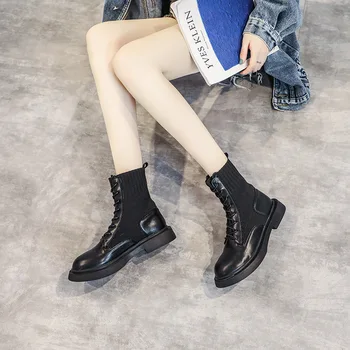 

New winter 2019 Martin boots women's fashion simple solid color knitted stitching decoration casual flat boots