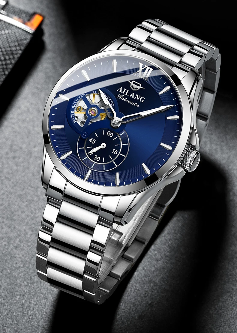 AILANG 2024 Fashion Blue Mechanical Watch For Men Stainless Steel Mens Watches Top Brand Luxury Automatic Skeleton Wristwatches_voghion.com