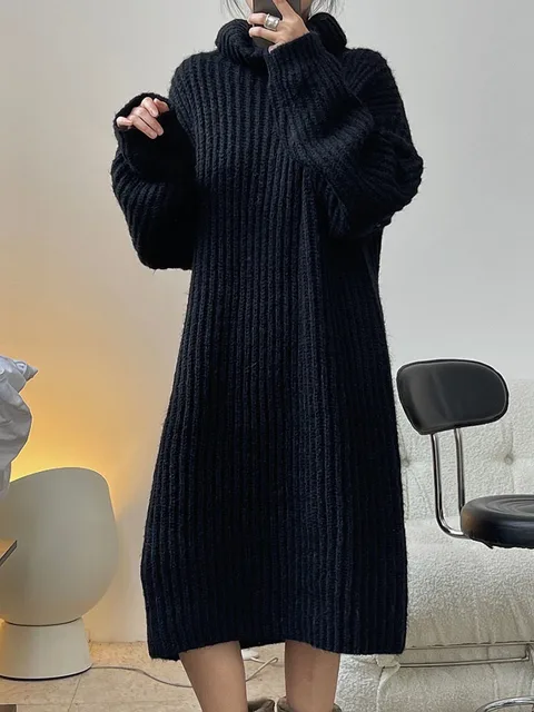 ZURICHOUSE Autumn Winter Turtleneck Alpaca Sweater Dresses For Women Casual Loose Warm Long Knitted Dress 2022 New 6
