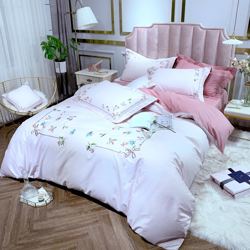 

Korean Flower Embroidery White Rose 4 100% Pure Cotton Super Soft Bed Down Quilt Cover Bed Sheet Pillow Cover