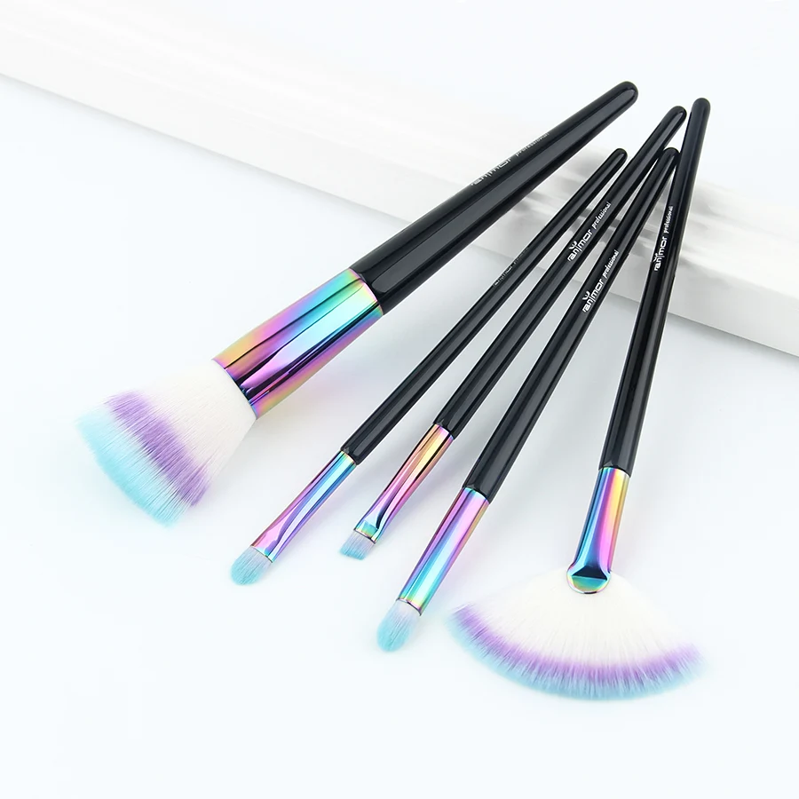 Anmor Rainbow Makeup Brushes High Quality Fan Brush Wood Handle Duo