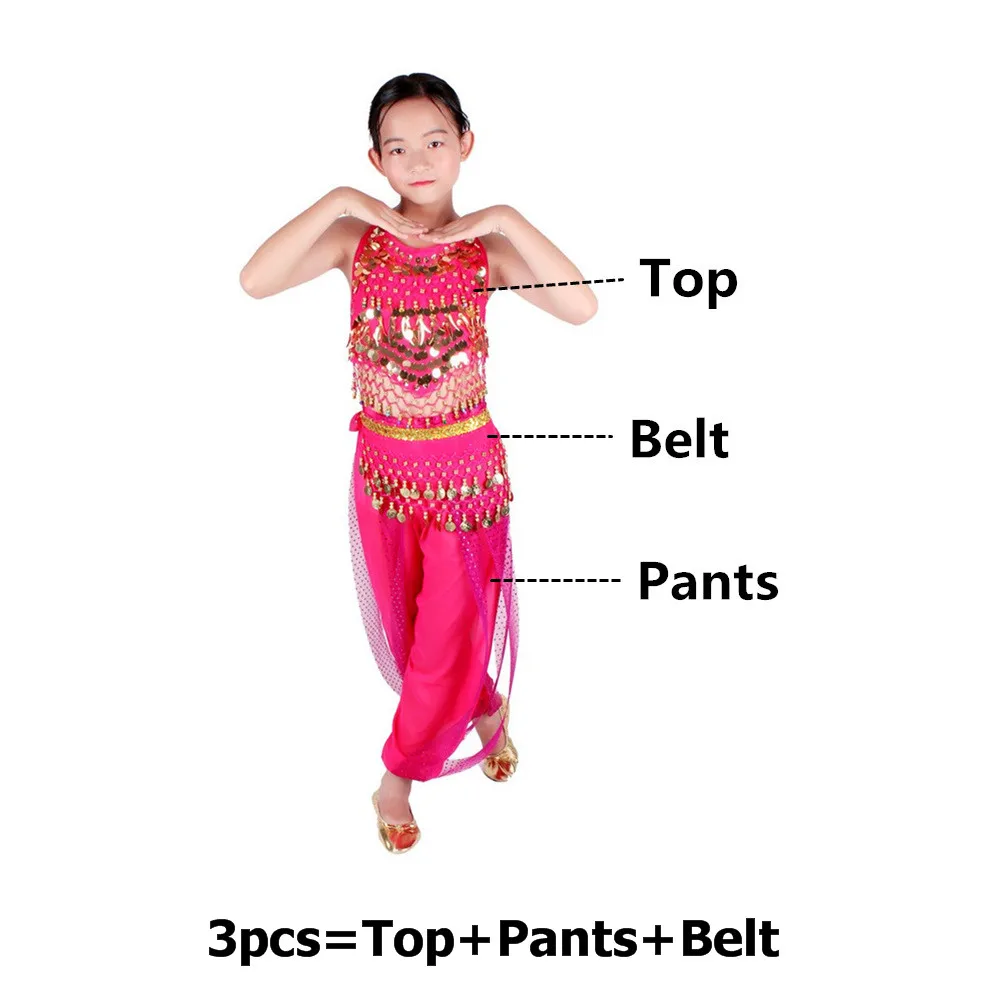 Belly Dance Costumes Kids Oriental Dance Girls Belly Dancing India Belly Dance Set Clothes Bellydance Child Kids Indian 6 Colors - Цвет: Rose Red 3pcs