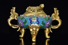 

8"Tibetan Temple Collection Old Bronze Cloisonne Enamel mosaic gem Lion statue Three-legged incense burner Office Ornaments