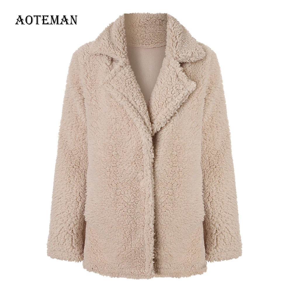 Осенне-зимнее женское пальто из искусственного меха свободного размера плюс, свободное плюшевое пальто с отложным воротником, меховые куртки для женщин, Толстая теплая верхняя одежда