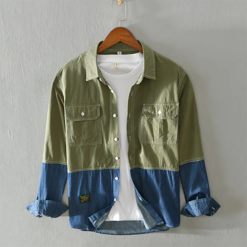 Мужская джинсовая рубашка в стиле пэчворк Облегающая армейского зеленого цвета