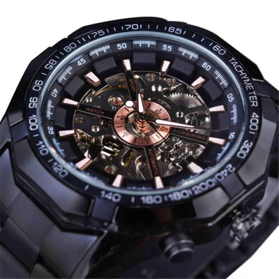 Winner Luxury Hollow Engraving Black Gold Case Leather Automatic Skeleton Mechanical Watches Men Luxury Brand Montre Homme Clock - Цвет: BlackBlack