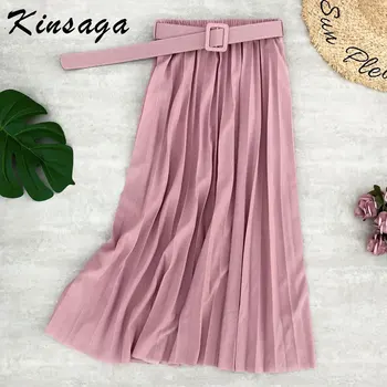 

Kinsaga Women Elastic Waist Sash Midi Long Pleated Chiffon Skirt Retro Vintage School Student A-Line Skirts Saias Faldas Jupe