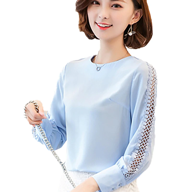 

Spring Women Elegant Hollow Out Blouse Shirts Office Lady Beading Buttoned Detail Blouses Women Solid Long Sleeve Tops Shirt