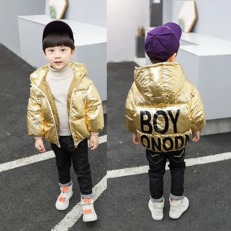 Куртка с капюшоном для маленьких мальчиков, цвет металлик, серебристый, куртка металлик золото, пальто для мальчиков, зимняя блестящая верхняя одежда для детей от 2 до 7 лет
