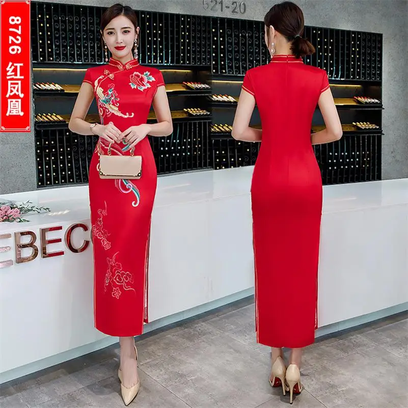 New Elegant Retro Dressing Gown Women Chinese Tradition Dress Qipao Printing Cheongsam Plus Size S-4XL - Цвет: Красный