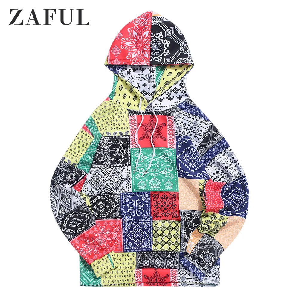 Multi 1 ZAFUL Бандана с этническим принтом, Повседневная Толстовка с капюшоном на завязках и карманом кенгуру для мужчин, топы с длинными рукавами, пуловеры, новинка - Цвет: Multi 1