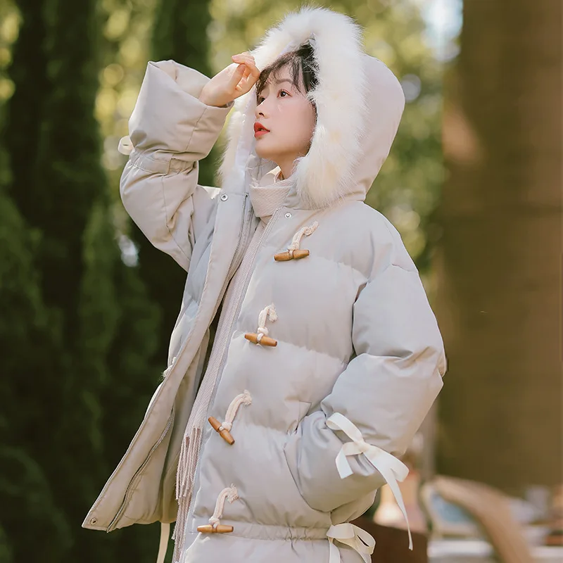 

2019 Model Photo Shoot Toggle with Removable Large Fur Collar Cotton-padded Clothes Mid-length down Coat Students Tide