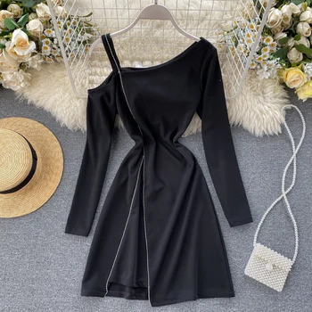 

Sexy Nightclub Black Dress Women Off Shoulder Long Sleeve High Waist Slim A-line Vestidos L119