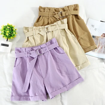 

Vintage Summer Bud Wide Leg Shorts Women Casual High Waist With Belt Fashion Khaki Purple Aprioct Bottoms Hotpant