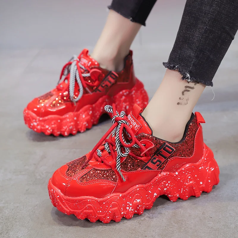 de plataforma rojas y negras, zapatos informales para mujer, zapatillas de deporte con suela gruesa y lentejuelas brillantes, zapatillas gruesas de entrenamiento para mujer, zapatos de moda para papá - AliExpress