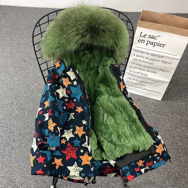 star w green 1909 Новая модная зимняя одежда для мальчиков и девочек ростом 110-180 см, пальто с капюшоном, настоящий мех кролика, пальто - Цвет: star w green
