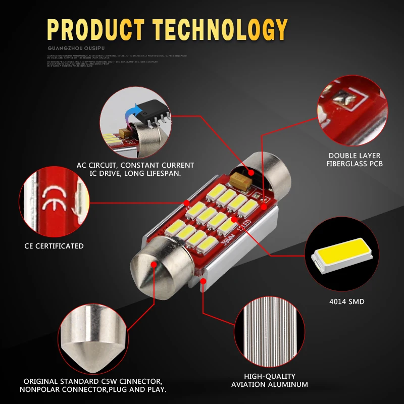 2 pezzi festone CANBUS 28mm 31mm 36mm 39mm 41mm C5W LED senza errori 4014 SMD lettura interna cupola bianca lampade mappa garanzia di 2 anni