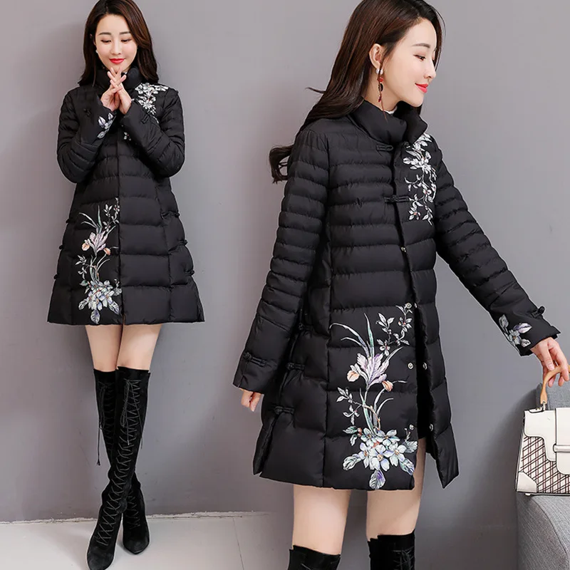 

Mid-length Cotton-padded Clothes Female Winter New Style 2018 WOMEN'S Dress Retro Frog Printed Slimming Cotton Coat Fashion Cott