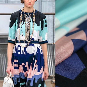 

138CM Wide 16MM Letter Print Blue Pink Silk Crepe de Chine Fabric for Summer Dress Shirt Scarf Cheongsam Skirt Suit E1223