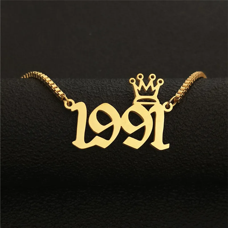 

Gold Box Chain 1991 Birth Year Statement Necklace with Crown Choker Old English Number Necklaces Woemn Men Jewelry Birthday Gift